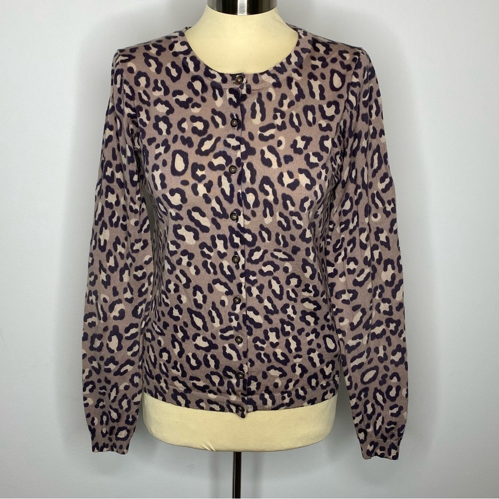 Boden Leopard Wool Button Front Crew Neck Cardigan Sweater